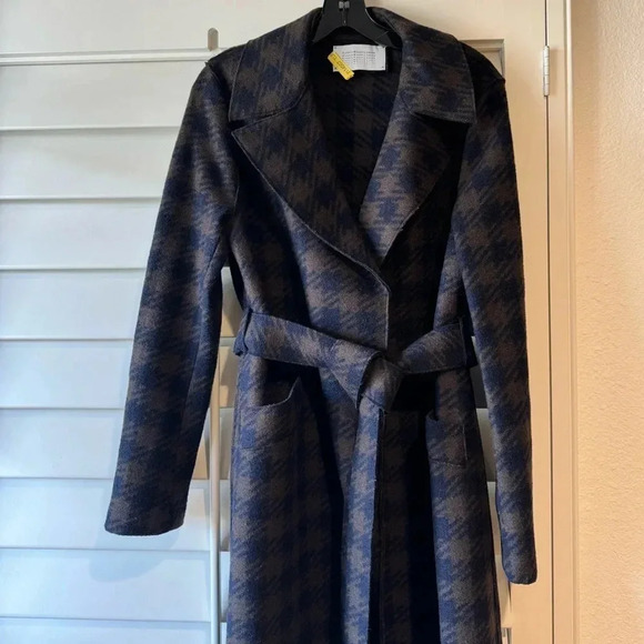HARRIS WHARF LONDON EUC Gingham Belted Wool Maxi Coat Chocolate Brown Blue 10 44 - Picture 16 of 16